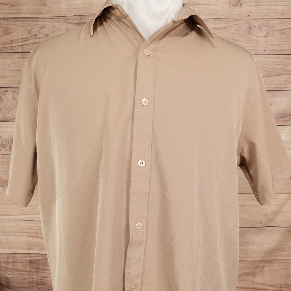 Coofandy Button Down Shirt Mens Large Tan Good Short Sleeve Stretch Casual